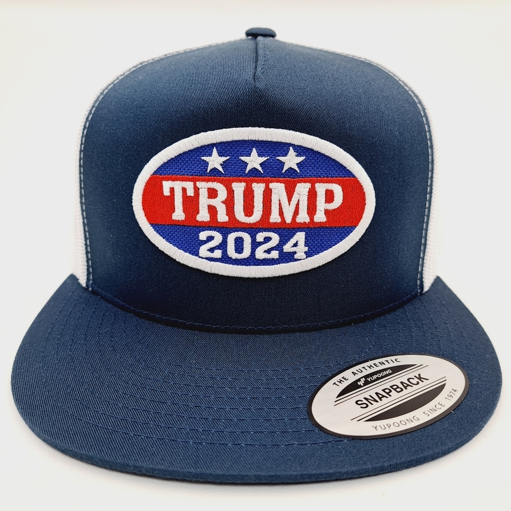 Trump MAGA Embroidered patch Flat Bill Trucker Mesh Snapback Cap Hat Navy